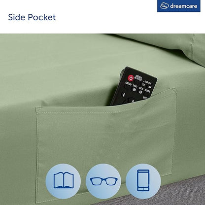 DREAMCARE Queen Sheet Set – 4 pcs Cooling Sheets – up to 21” Extra Deep Pocket Queen Sheets – Hotel Luxury Pillowcases – Superior Softness 100% Microfiber with Side Pocket - Sage Green