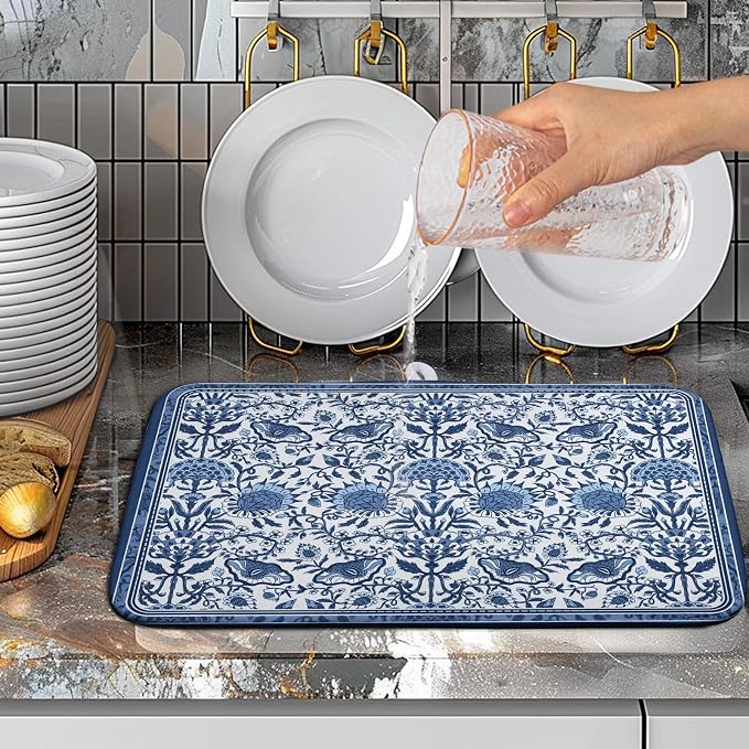 Blue Floral Dish Drying Mat for Kitchen Counter Boho Flowers Dishes Drainer - Image 5