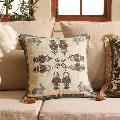 patdrea Designer Throw Pillow Covers Set of 2,French Elegant Green Linen with Rose and Animal Floral Pattern Pillow Covers,Decorative Square Pillowcases Cushion for Bed Living Room Outdoor,18"x18"