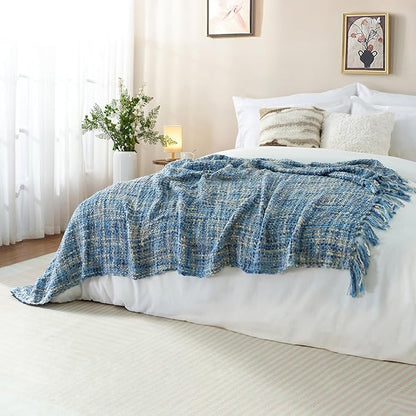 Multi-Color Light Blue Cable Knitted Throw Blanket for Couch,60"X80" Boho Style Textured Blankets for Home Decor,Super Soft Warm Cozy Chunky Knit Blanket with Decorative Tassels for Bed