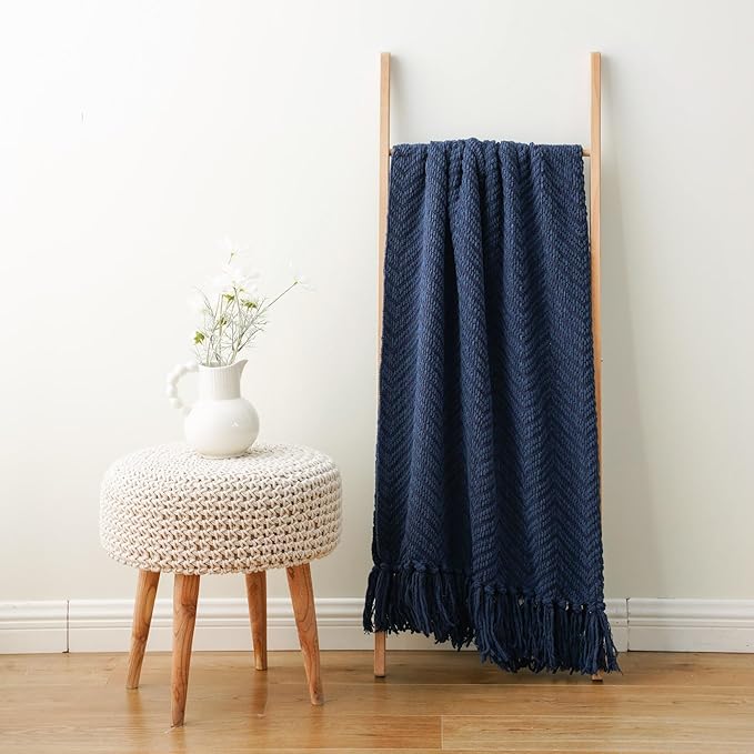 BATTILO HOME Navy Blue Throw Blanket for Couch, Super Soft Cozy Warm Dark Blue Throws for Twin Bed, Knit Woven Chenille Blanket Versatile for Sofa Bedroom Home Decor, 60"x80"