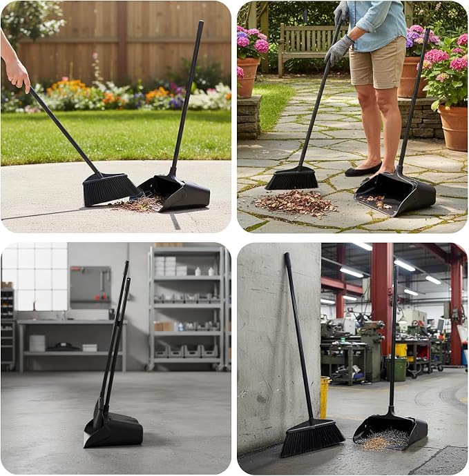 Broom and Dustpan Set with Long Handle and Wheels, Upright Standing Heavy Duty - Image 7