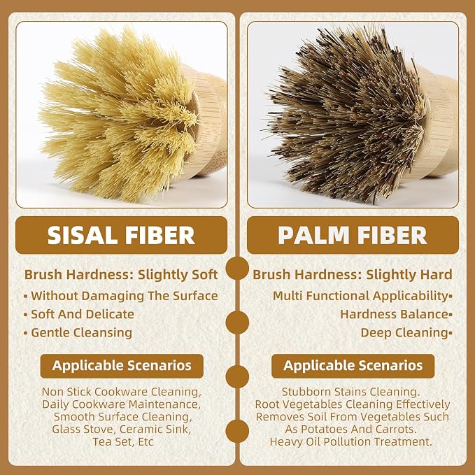 4 Pack Bamboo Dish Brush Set, Natural Palm Dish Scrubber - Image 4