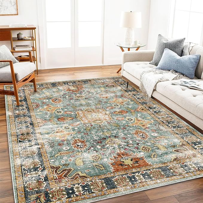 Area Rug 9'x12' Washable Vintage Traditional Mat Distressed Indoor Foldable Thin Retro Accent Floral Print Non Slip Carpet for Living Room Dining Room Office