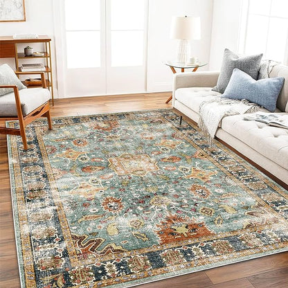 Area Rug 9'x12' Washable Vintage Traditional Mat Distressed Indoor Foldable Thin Retro Accent Floral Print Non Slip Carpet for Living Room Dining Room Office