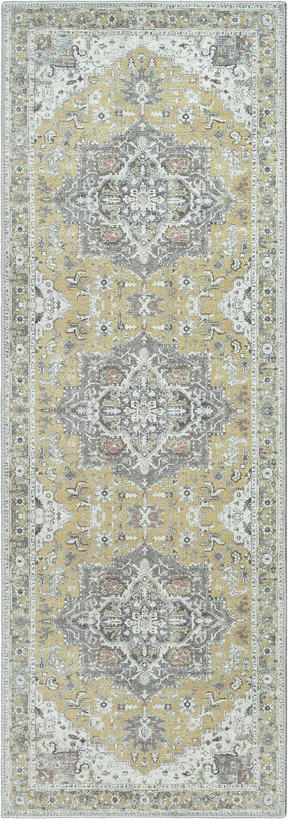 Bloom Rugs Washable Non-Slip 7 ft Runner - Yellow Traditional Medallion Runner for Entryway, Hallway, Bathroom, and Kitchen - Exact Size: 2.5' x 7'