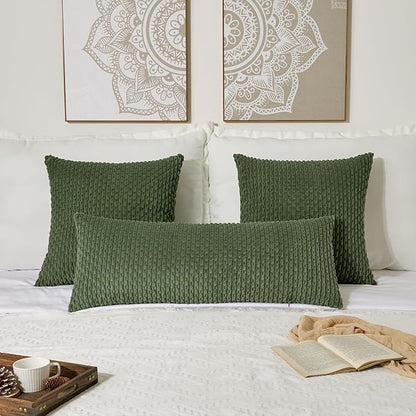 Kevin Textile 14x36 Inch Long Lumbar 1 Pack Boho Decorative Throw Pillow Cover Soft Striped Corduroy Rectangle Cushion Case Farmhouse Solid Color Accent for Living Room Couch Sofa Bed, Moss Green