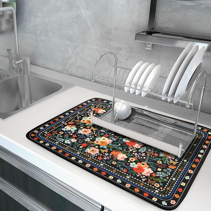 Floral Microfiber Dish Drying Mat Large Absorbent Dish Drainer Rack Pad - Image 5