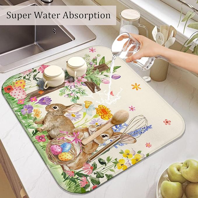Easter Dish Drying Mat for Kitchen Counter, Cute Bunny Spring Florals - Image 5