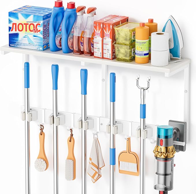 Broom Holder Wall Mount with Cleaning Supplies Organizer, Laundry Room by Olakee
