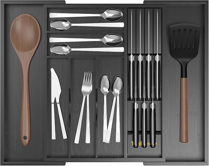 Bamboo Kitchen Drawer Organizer, Expandable Utensil Organizer by Thalomely