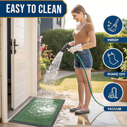 Smiry Front Door Mat Outside Entrance, Heavy Duty Sturdy Natural Rubber Doormat, Trap Dirt and Moisture, Easy Clean Low Profile Mats for Indoor Outdoor Entry, Irregular Triangle (36x24, Green)