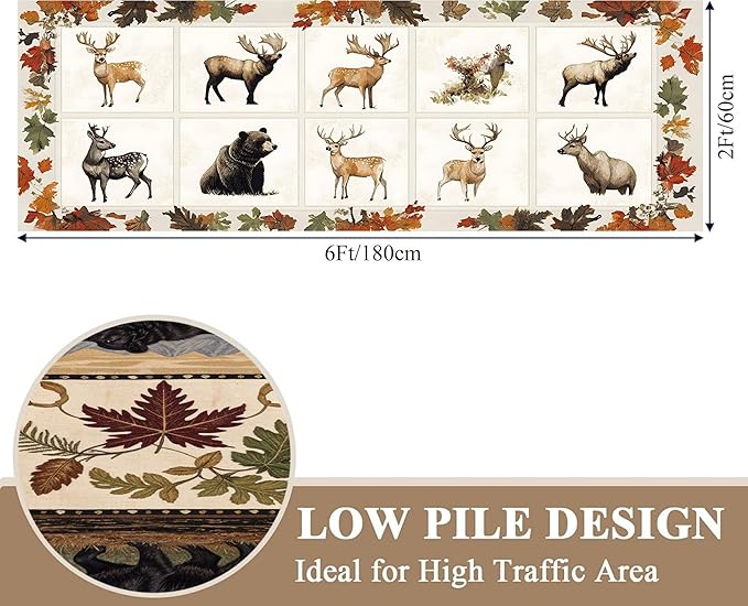 Beige Checkered Maple Bear Elk Hallway Rug 2x8ft Bohemian Vintage Floor Mat for Nursery Farmhouse, Foldable Anti-Fatigue Rug with Crushed Leaf Pattern