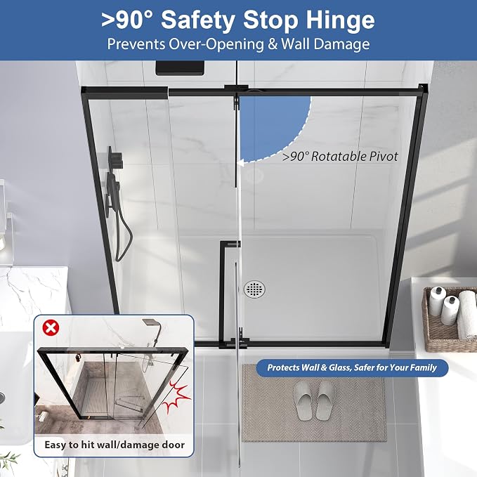 Semi Frameless Pivot Shower Door 36-42" W x 72" H, Swing Shower Glass Doors - Image 7