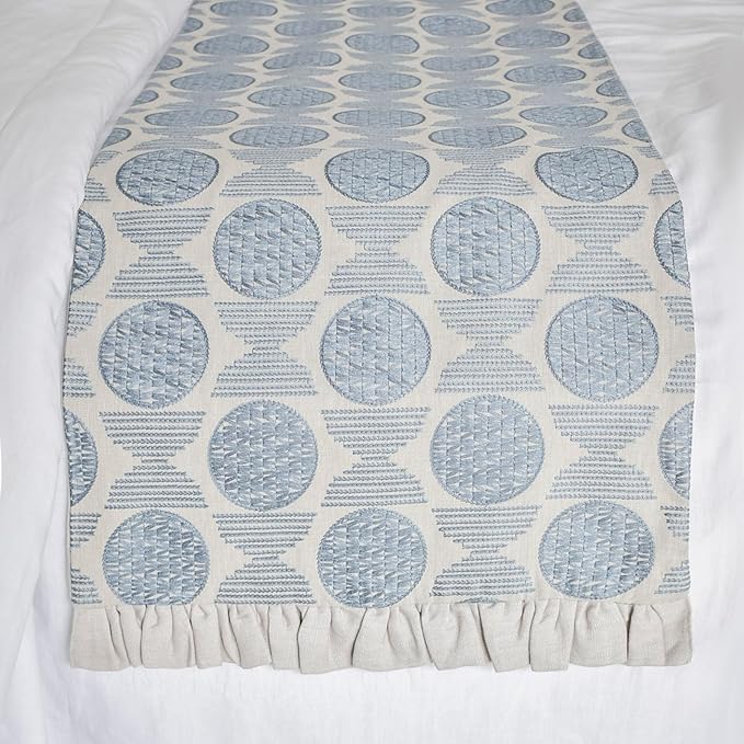 The HomeCentric King/Queen/Twin Blue Decorative Bed Runner Twin 53"x18" Bed Runner with One Pillow Cover, Embroidery, Ruffles Bed Scarf on Linen Fabric - Ellara Blue