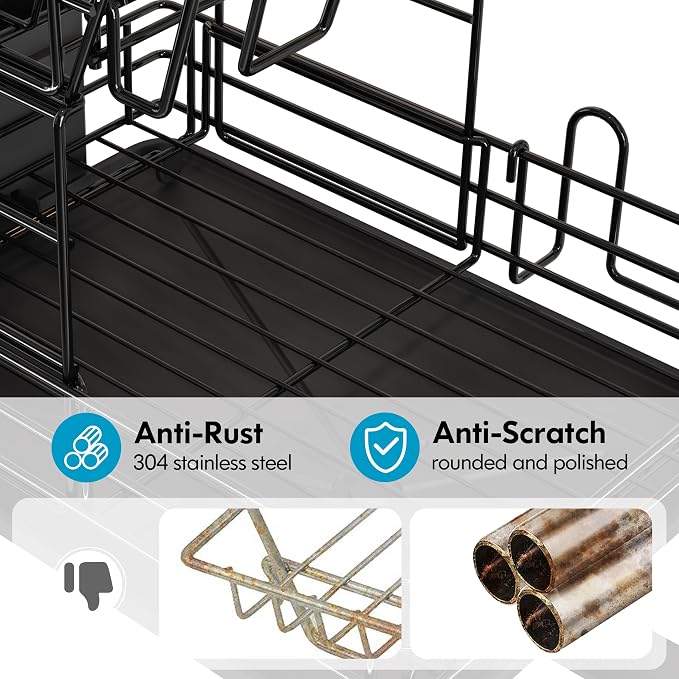 JASIWAY 2 Tier Black Large Stainless Steel Dish Drainers Drying Rack - Image 3