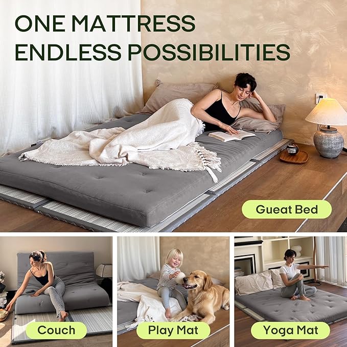 ZonLi Japanese Floor Futon Mattress Queen Size 80"x 60", 100% Cotton Cover 2.5'' Thicken Tatami Mattress, Foldable Sleeping Pad, Portable Dormitory Tatami Mat(Grey)