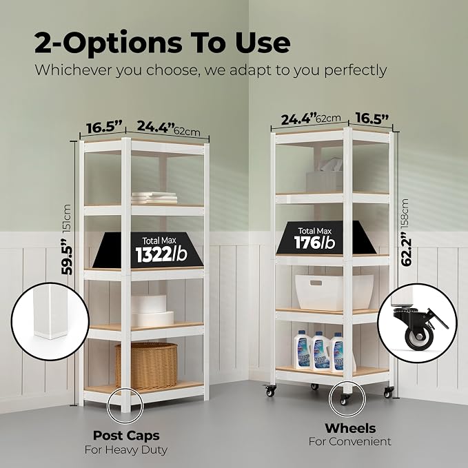 HOMEDANT House White 5-Tier Metal Rolling Cart Shelf Rack Casters Heavy Duty - Image 2