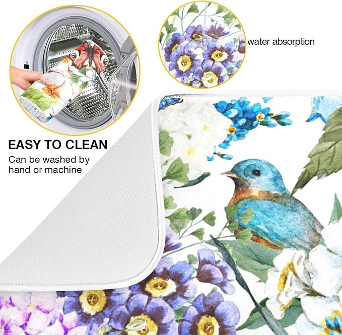 Floral Birds Dish Drying Mat for Kitchen Spring Globe Daisy Butterfly Flowers - Image 2
