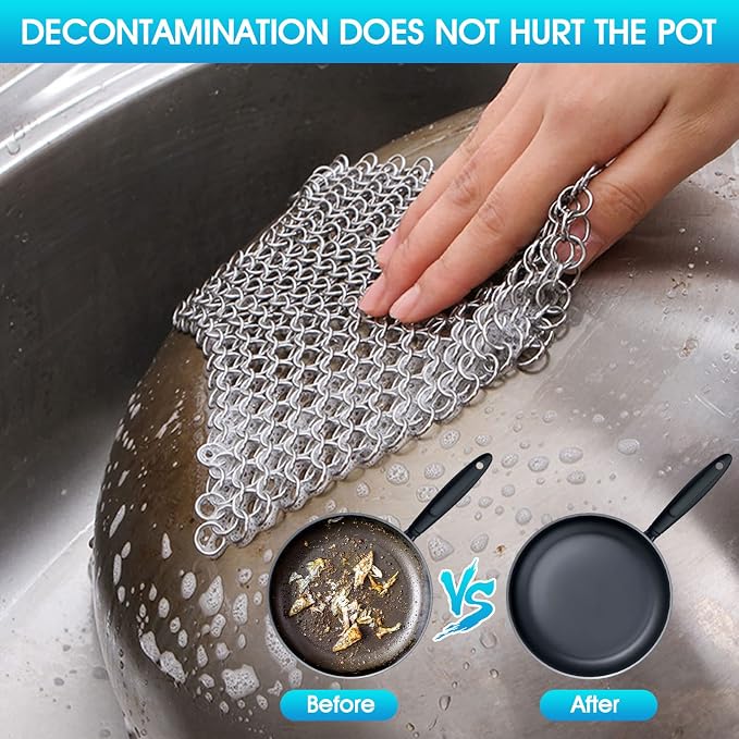 Cast Iron Cleaner 6"x6.3" 316L Stainless Steel Chainmail Scrubber - Image 4