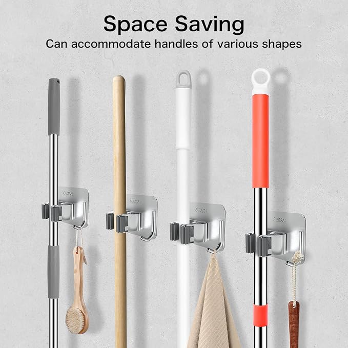 nacena 4 Pack No Drill Self Adhesive Broom Mop Holder Wall Mount - Image 7