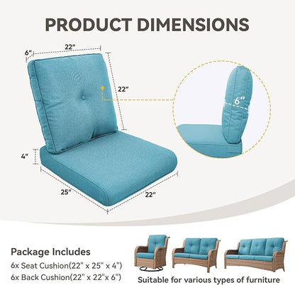 Patio Cushions for Outdoor Furniture - 22" x 25" x 4" UV Resistant Thick Foam Cushions Water Resistant Replacement Cushion for Outdoor Patio Furniture Chair/Sofa/Couch | Light Blue | 6-Pack |