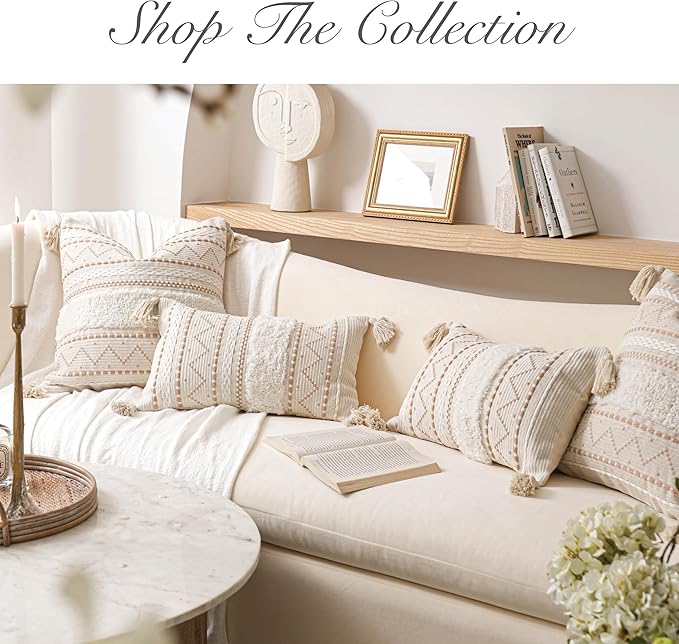 BlissBlush Decorative Throw Pillow Cover 20x20 Combo Set of 2 Square Cream Neutral White Boho Accent Pillowcase Tassels Farmhouse Cushion for Couch Sofa Bedroom Living Room Home Décor Cover ONLY
