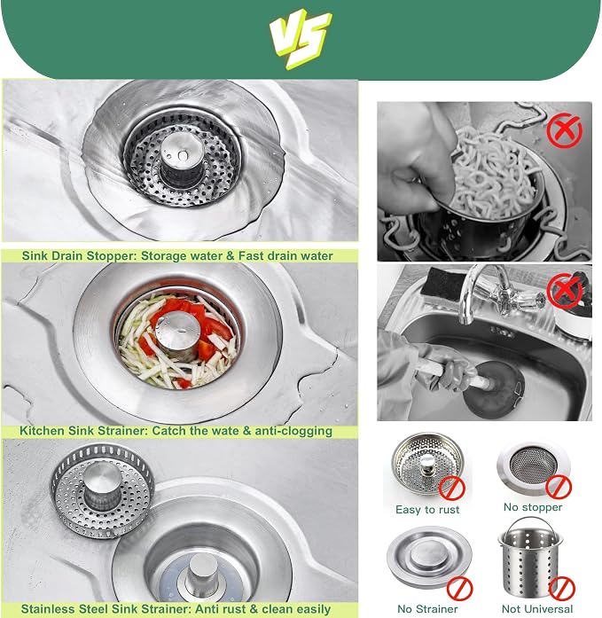 Kitchen Sink Drain Strainer 3 in 1, 304 Stainless Steel Pop Up Sink Stopper - Image 4