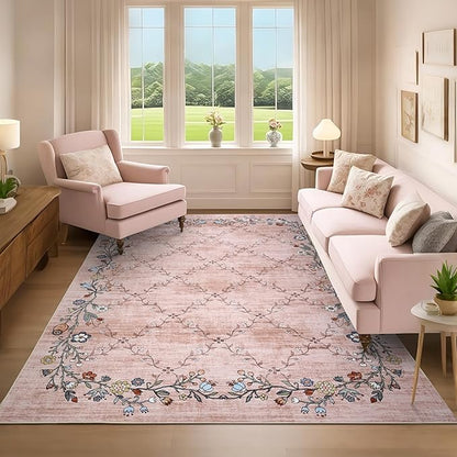 GarveeHome 5x7 Washable Floral Area Rugs for Living Room: Modern Floral Non Slip Large Area Rugs for Bedroom, Large Machine Washable Living Room Low Pile Carpet with Non-Slip Backing Pink 5 ft x7 ft.