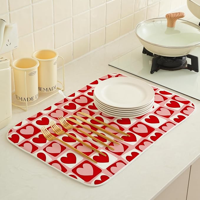 Valentines Day Dish Drying Mats 18x24 Inch Pink Red Heart Plaid Drying Mats - Image 3