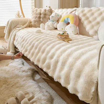 Faux Fur Couch Cover Fuzzy Soft Plush Thick Bubble Sofa Cover Luxury Sectional Couch Covers Luxury Anti-Slip Sofa Slipcover Washable Furniture Protector (Ivory,36"x63")