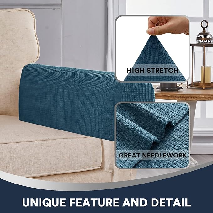 Stretch Sofa Arm Covers Spandex Jacquard Anti-Slip Couch Arm Covers with Sticker Furniture Armrest Protector for Sofa Couch Chair Recliner, Set of 2, Deep Teal