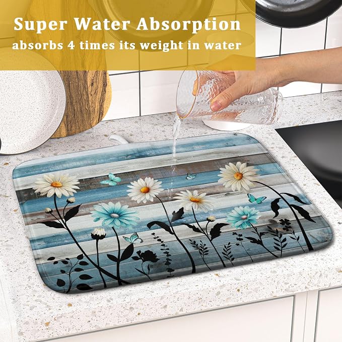 Blue White Daisy Floral Dish Drying Mat - Image 7