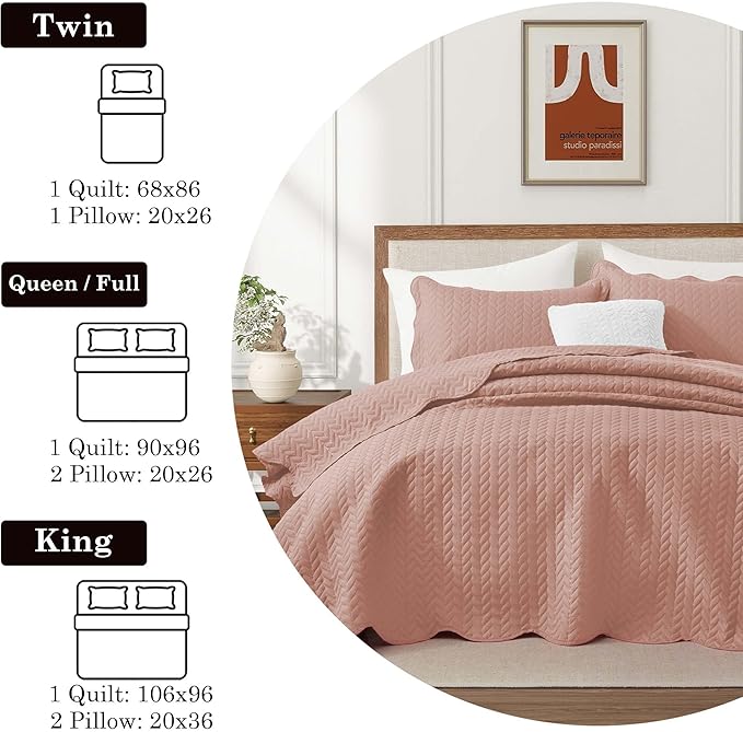 IR Imperial Rooms King Quilt Bedding Set Size (106" x 96") + 2 Pillow Shams (20" x 36"+ 2") - 3 Pcs All Season Lightweight Reversible Microfiber Coverlet Embossed Quilt Bedspread (Peach/Baby Pink)