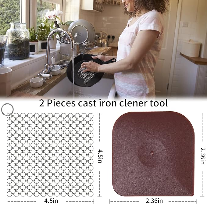 4.5" Cast Iron Scrubber+Pan Scraper, Cast Iron Pan Pot Skillet Cleaner Scrubber - Image 2
