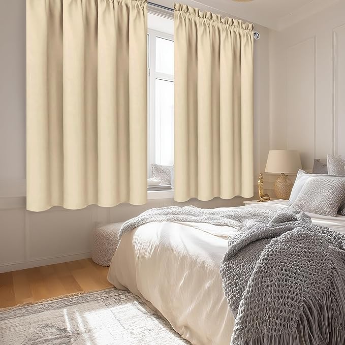 DWCN Beige Blackout Curtains for Bedroom – Rod Pocket Thermal Insulated Energy Saving Drapes for Living Room and Bedroom, W 38 x L 45 Inch, 2 Panels