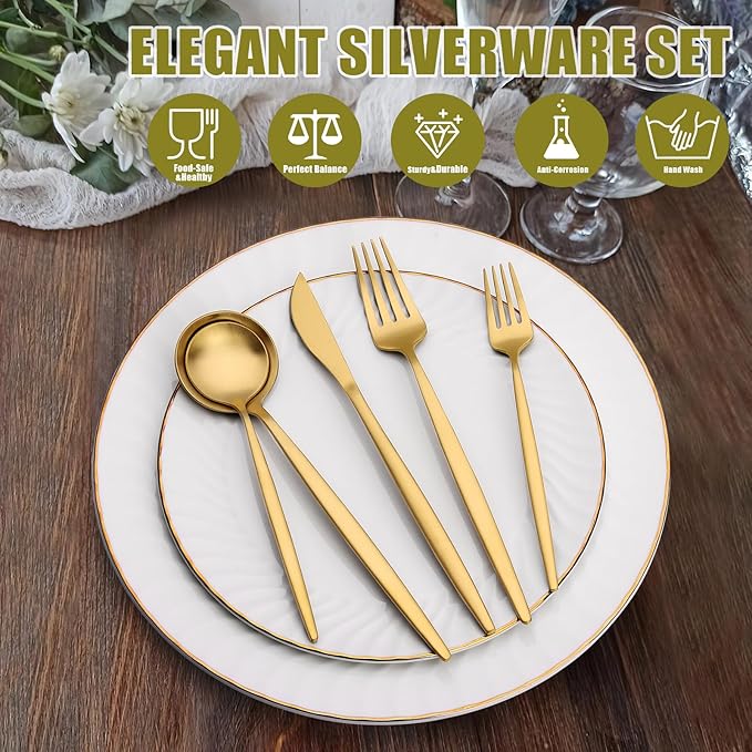 20 Piece Gold Silverware Set for 4, Terlulu Stainless Steel Flatware Set - Image 5