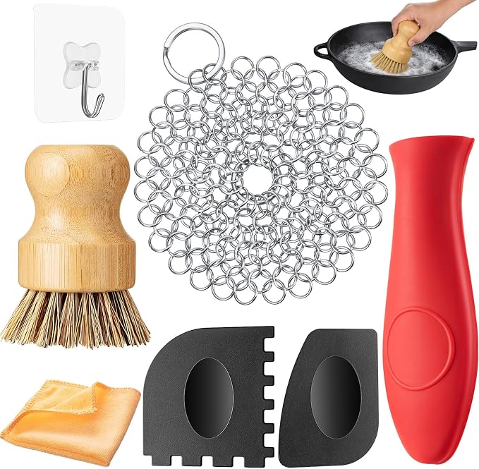 Patelai 7 Pieces Cast Iron Cleaner Set Include Stainless Steel Chainmail by Patelai