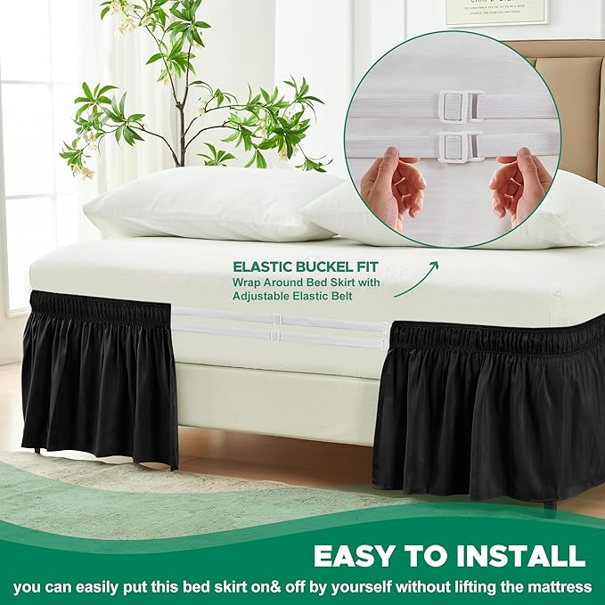 Biscaynebay Wrap Around Bed Skirts for Full & Full XL Beds Short Drop of 12", Black Adjustable Elastic Dust Ruffles Easy Fit Wrinkle Resistant Silky Luxurious Fabric Machine Washable
