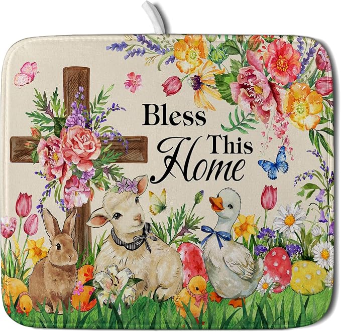 Easter Farmhouse Dish Drying Mat Funny Animal Dish Pad by Giwawa