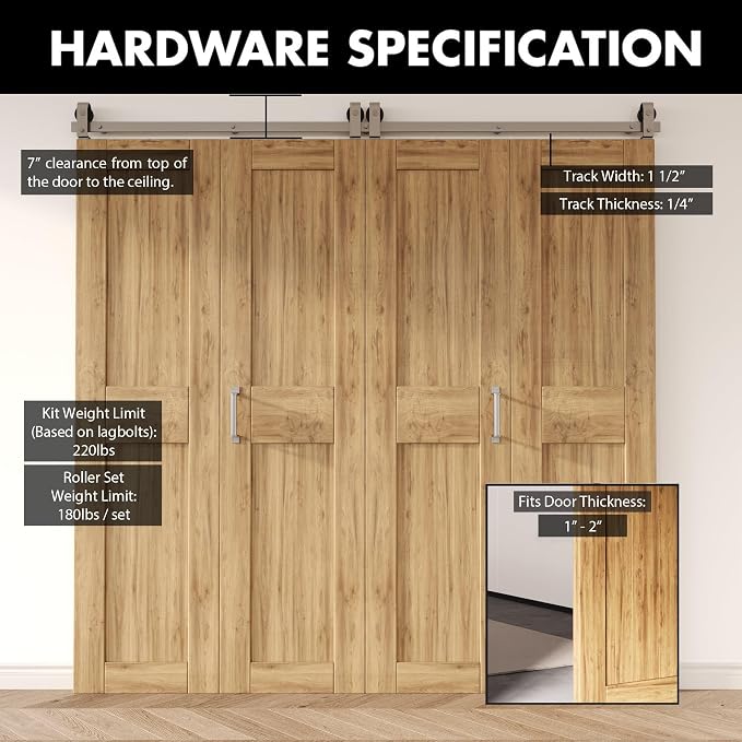 Homacer 96in Brushed Nickel Top Mount Bi-Folding Sliding Barn Door Hardware Kit - Image 3