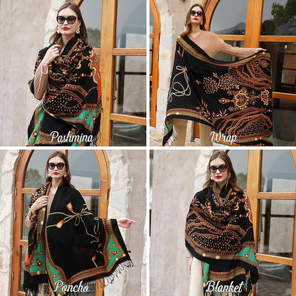 DANA XU 100% Merino Wool Extra Large Pashmina Blanket Travel Scarf Cashmere Wrap for Women Fall Winter Oversize Shawl Floral