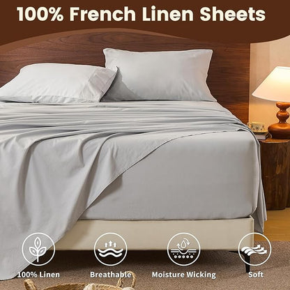 100% Linen Sheet Set King Size Extra Deep Pocket Fits 18-24 Inch Mattress, Breathable & Soft, Smooth 4-Piece Set for Thick Mattresses Hotel Luxury Bedding（King, Grey）