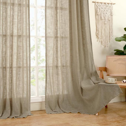 LAMIT Short Linen Curtains 30 Inch Length for Cafe, Semi Sheer Light Filtering Panels Back Tab and Rod Pocket Country Decor Drapes for Basement/Small Window, Taupe, 2 Panels, 34 x 30 Inch