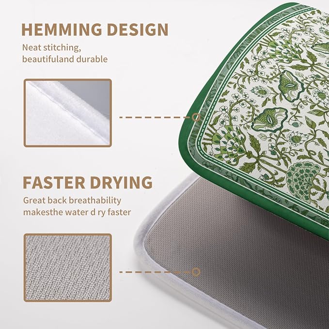 Green Floral Dish Drying Mat for Kitchen Counter 16x18 Inch Spring Summer - Image 4