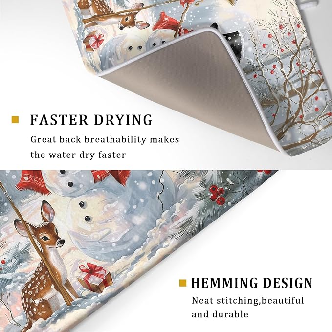 Winter Snowman Dish Drying Mat for Kitchen Counter Red Bird Berry Dishes - Image 3