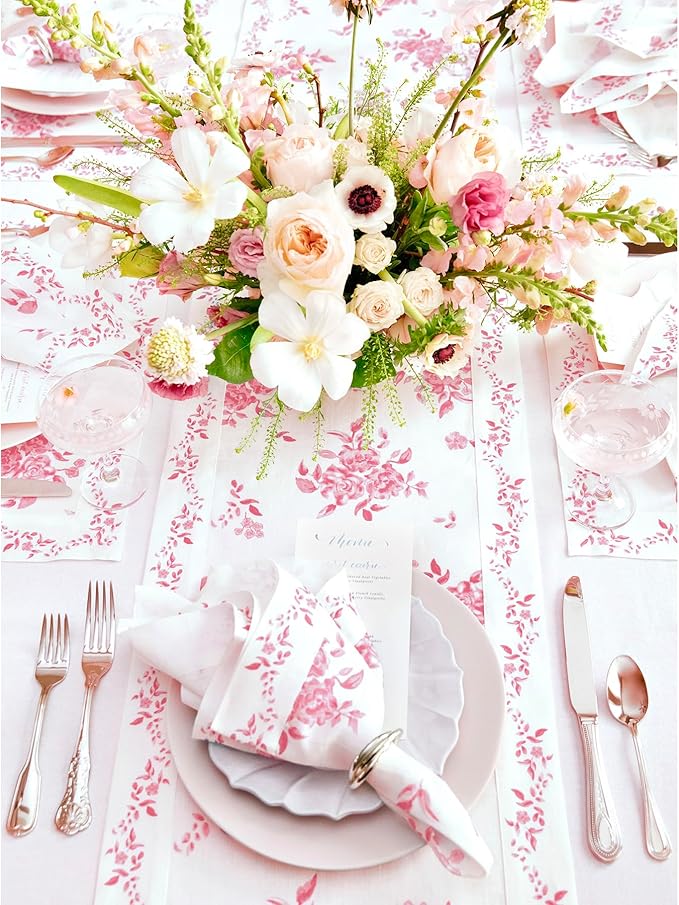 Solino Home Pink Floral Print Table Runner 48 inch - 100% Pure Linen Table Runner 14 x 48 Inch - Handcrafted and Machine Washable - Jolie Fleur Print