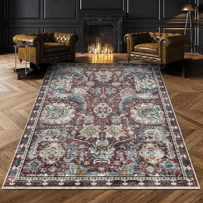 RUGSURE Washable Area Rugs - Perfect for Living Room, Bedroom, Kids Room, Nursery - Stain & Water Resistant Non-Slip, Pet & Child Friendly, Vintage Tribal Area Rugs (Rust and Blue, 6' x 9')