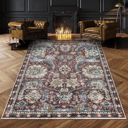 RUGSURE Washable Area Rugs - Perfect for Living Room, Bedroom, Kids Room, Nursery - Stain & Water Resistant Non-Slip, Pet & Child Friendly, Vintage Tribal Area Rugs (Rust and Blue, 6' x 9')
