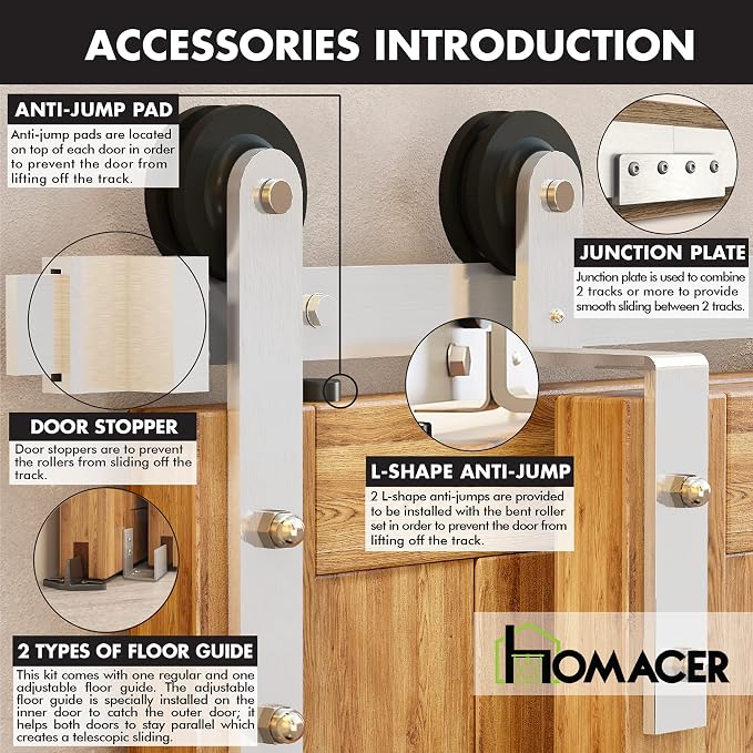 Homacer Brushed Nickel Single Track Bypass Sliding Barn Door Hardware Kit - Image 7